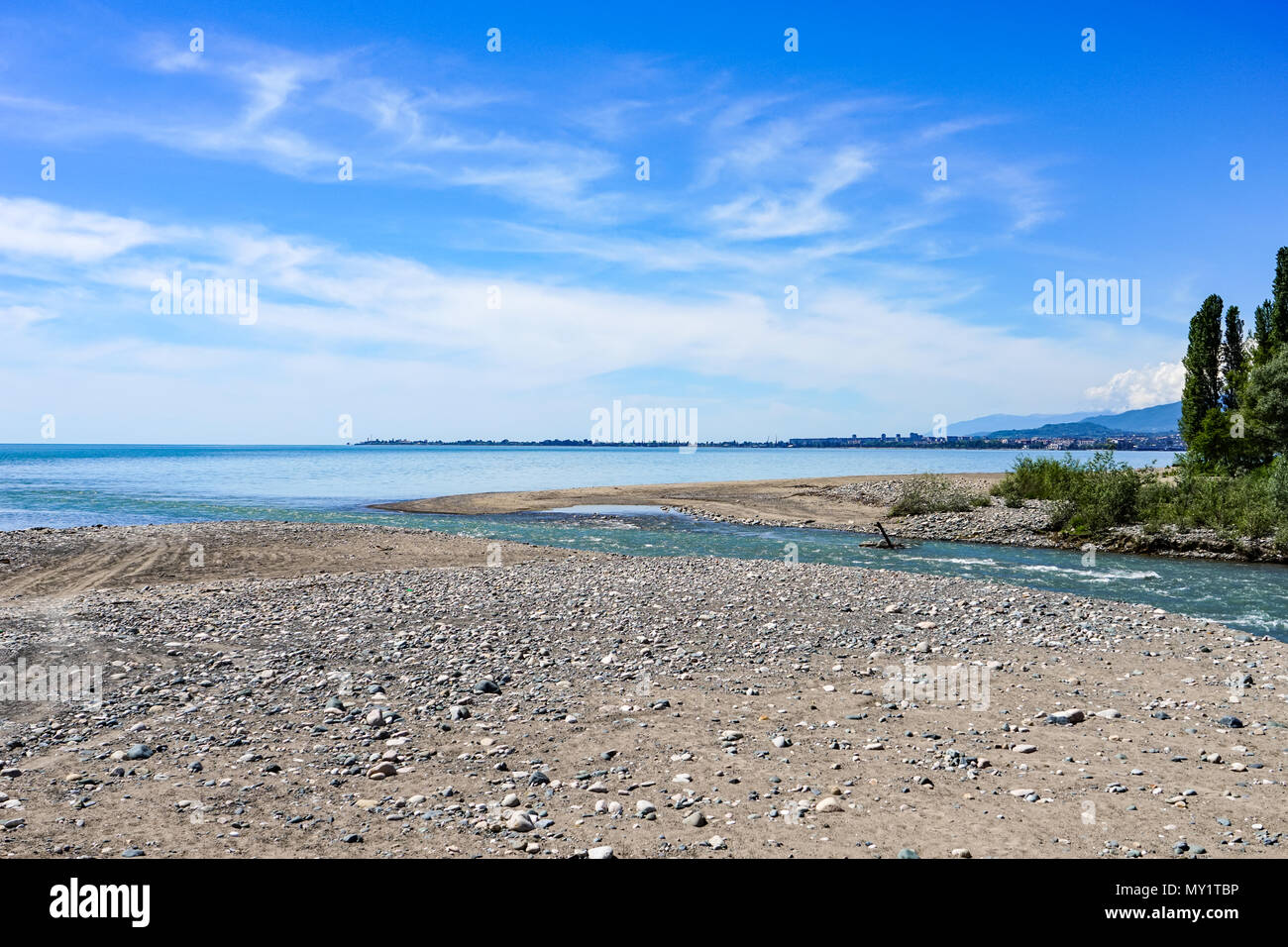 Natural landscape witNatural landscape overlooking the river flowing into the sea with growing plants and trees on the shore.h views of the river flow Stock Photo