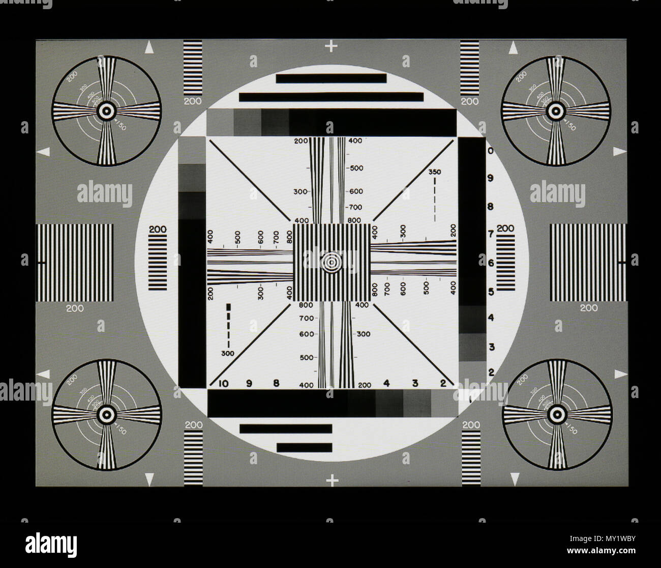 VILNIUS, LITHUANIA - MAY 15, 2018: Photo shot of old industrial black and whited television test target on the poor mass production NOUS brand modern  Stock Photo