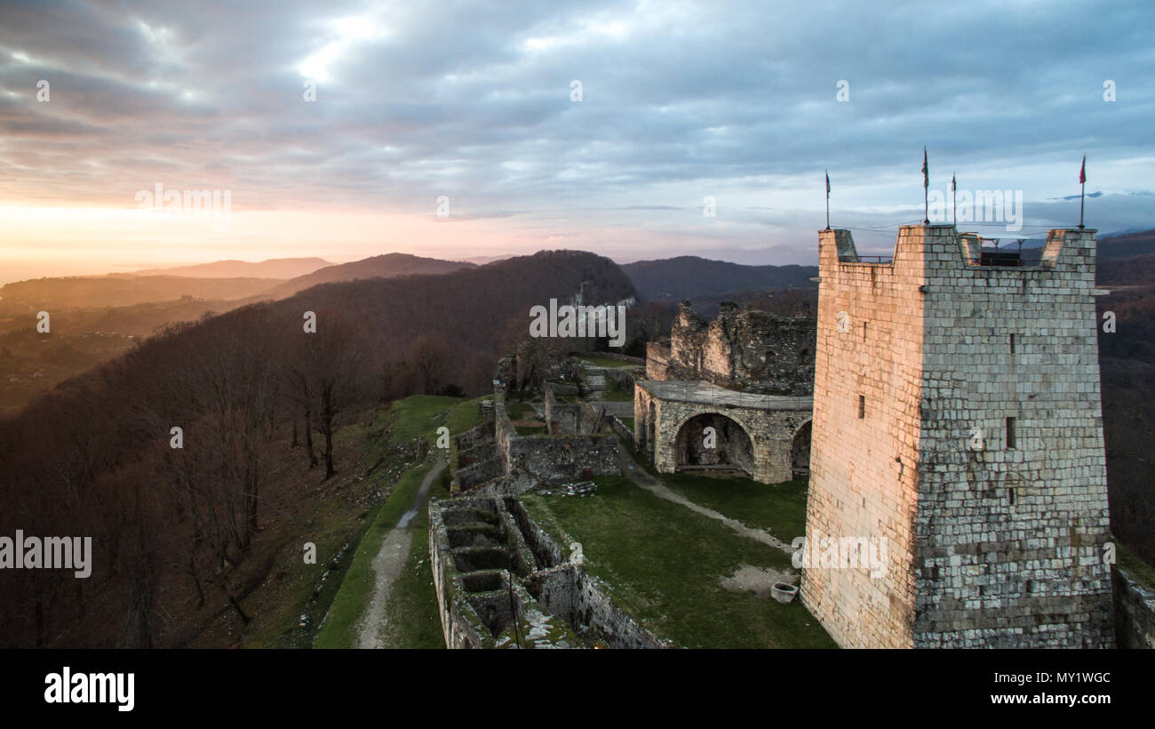 Novy Afon, Abkhazia, Georgia - February 24, 2018: Landscape with views of the ruins of an ancient fortress. Stock Photo