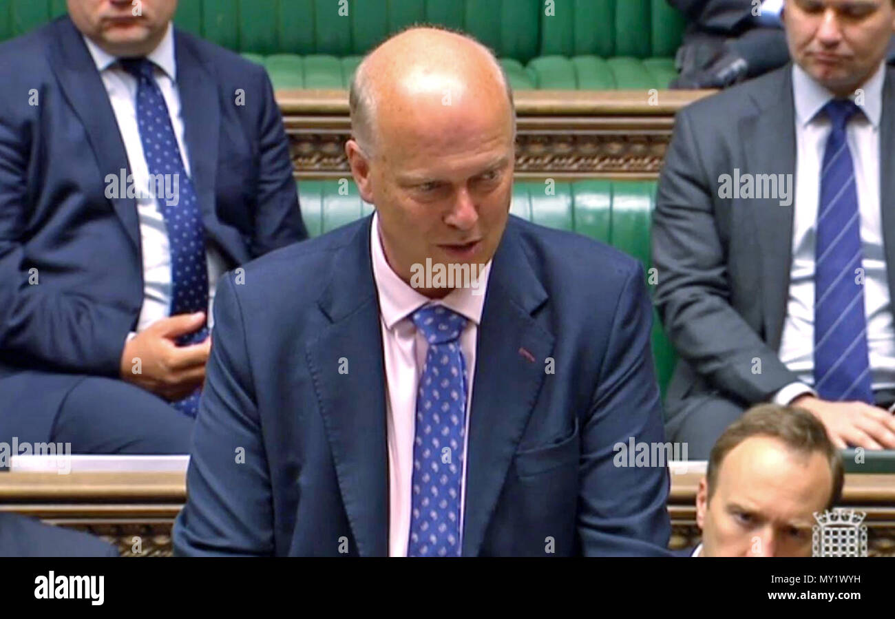 transport Secretary Chris Grayling speaks in the House of Commons, London, where he announced that a third runway at Heathrow Airport has been given the go-ahead by the Cabinet. Stock Photo