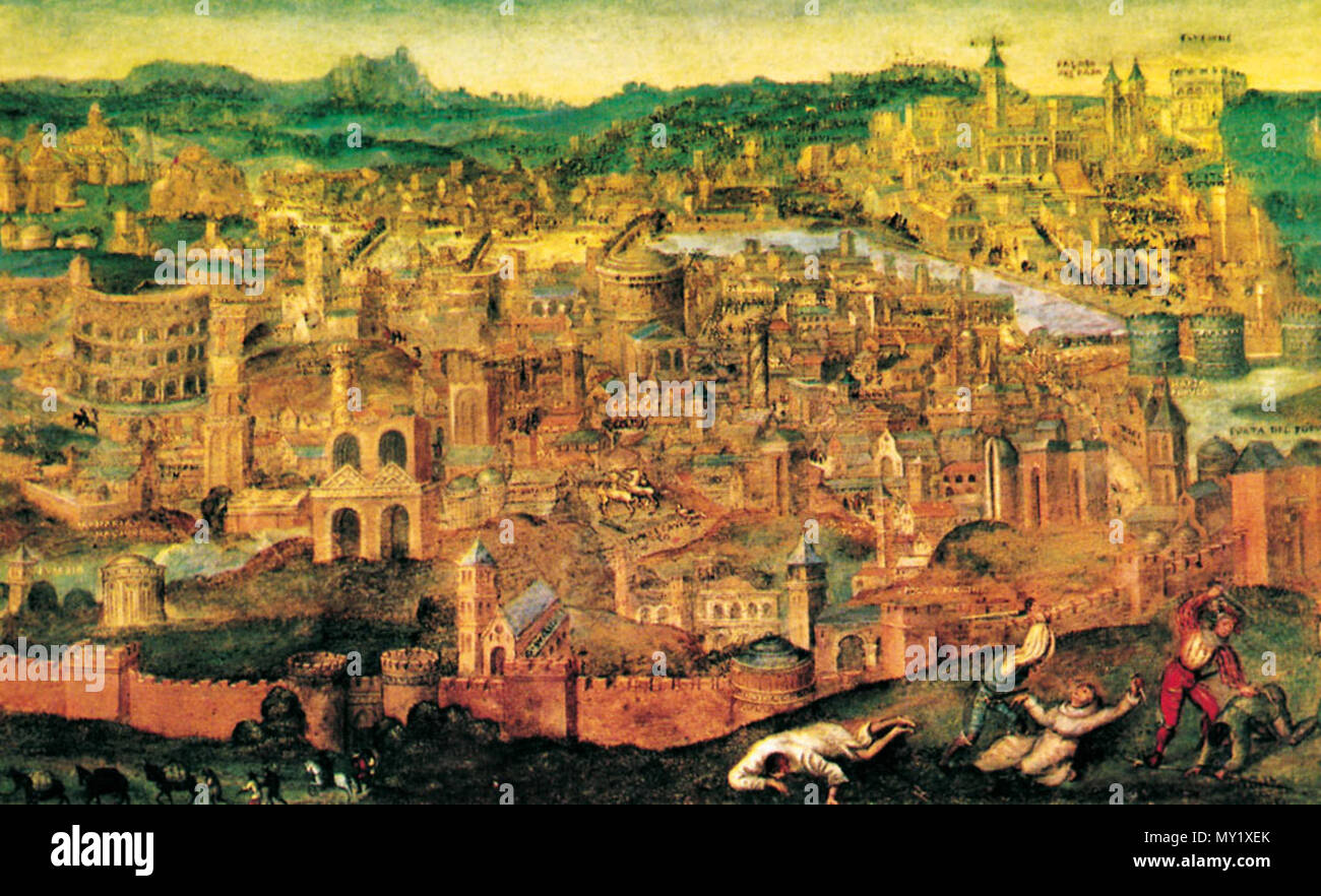 Français : Le Sac de Rome (1527) English: A Panorama of the Sack of Rome  (1527) . 16th century. Pieter Brueghel the Elder (1526/1530–1569)  Alternative names Pieter Breugel, Pieter Breughel, Pieter