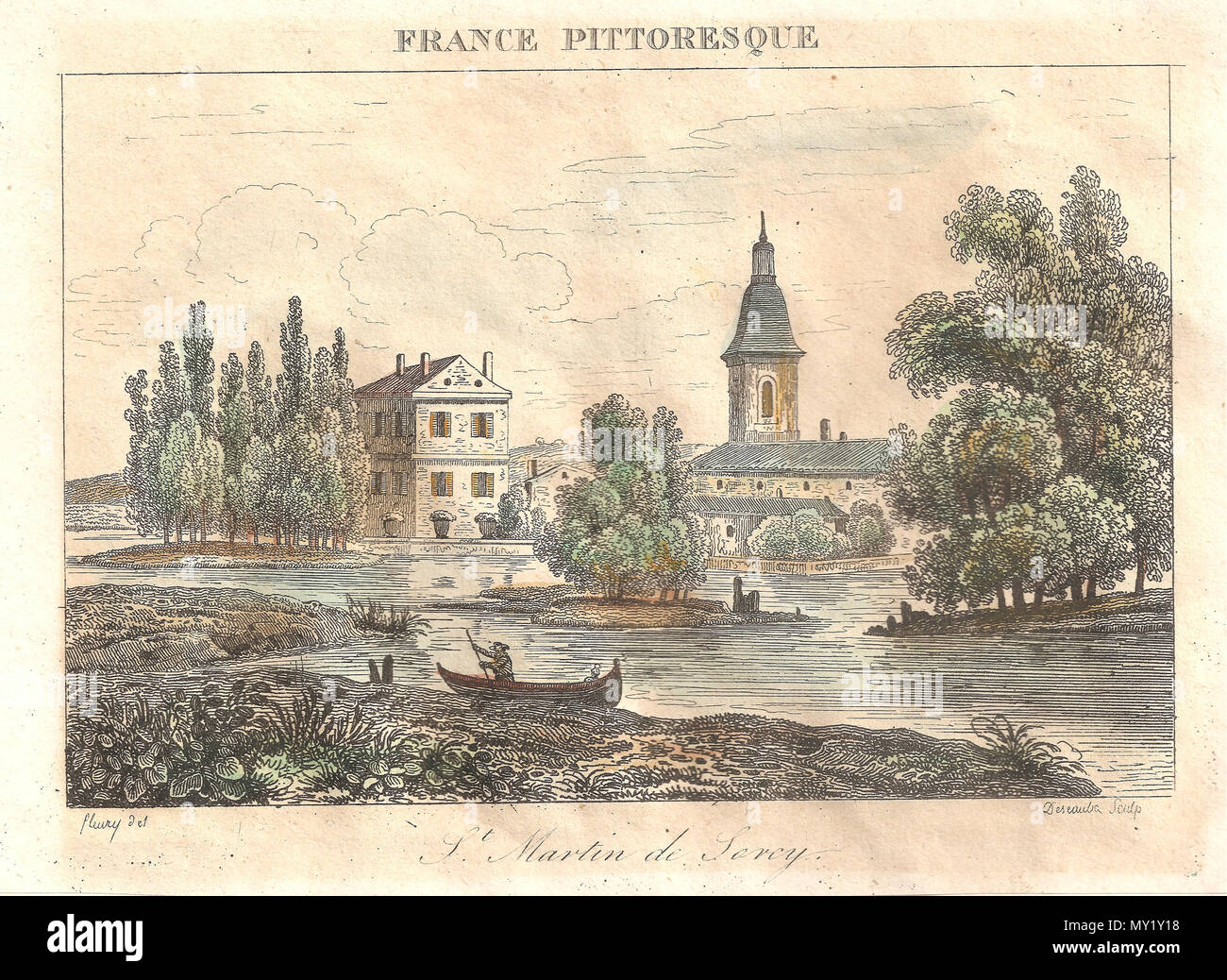 . Français : St Martin de Sorcy - Illustration extraite de France pittoresque ou description pittoresque, topographique et statistique des départements et colonies de la France par Abel Hugo (1798-1855), Delloye, éditeur, Paris 1835 - Gravure sur acier dessinée par Fleury, gravée par Desaulx, aquarellée à la main. 1835. Edouard Fleury (1815-1883) dessinateur, Deseaulx sculpteur 469 Saint Martin de Sorcy - Illustration - France Pittoresque Stock Photo