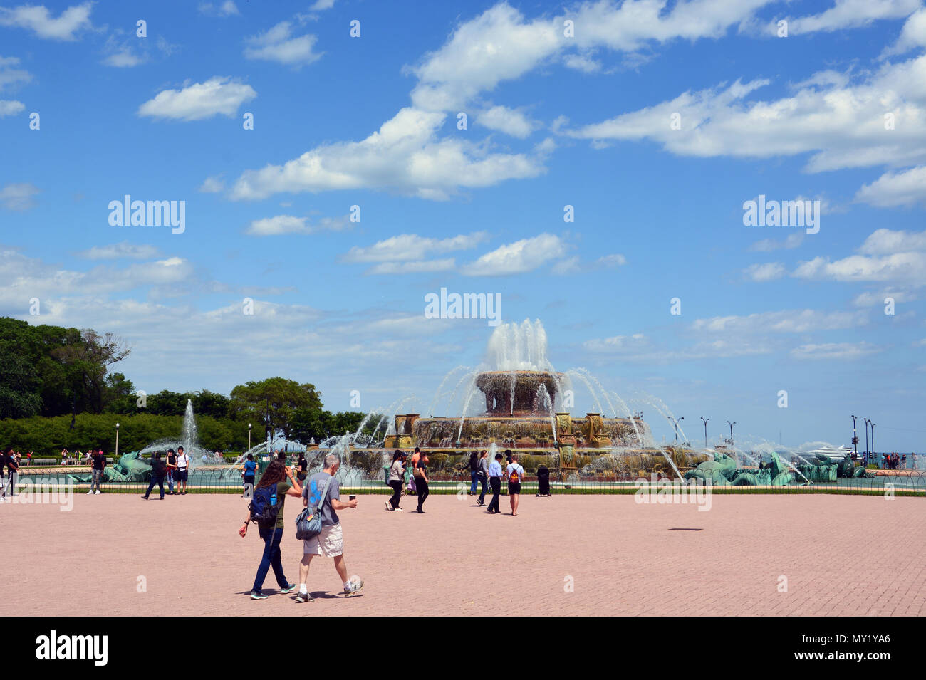 Dedicated in 1927, Buckingham Fountain in Chicago is the centerpiece to the South Loop's Grant Park and iconic symbol of the city. Stock Photo