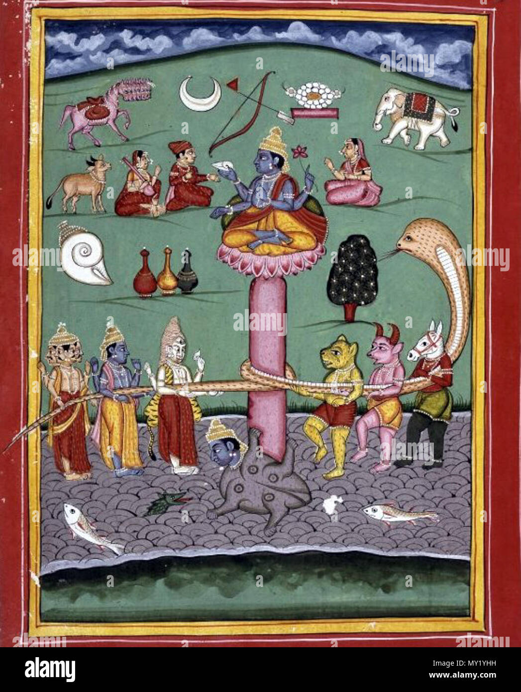 English: 'Album leaf painting of the Churning of the Ocean of Milk. Vishnu  appears here at the base of the cosmic churning pole as the turtle Kūrma  and also seated on