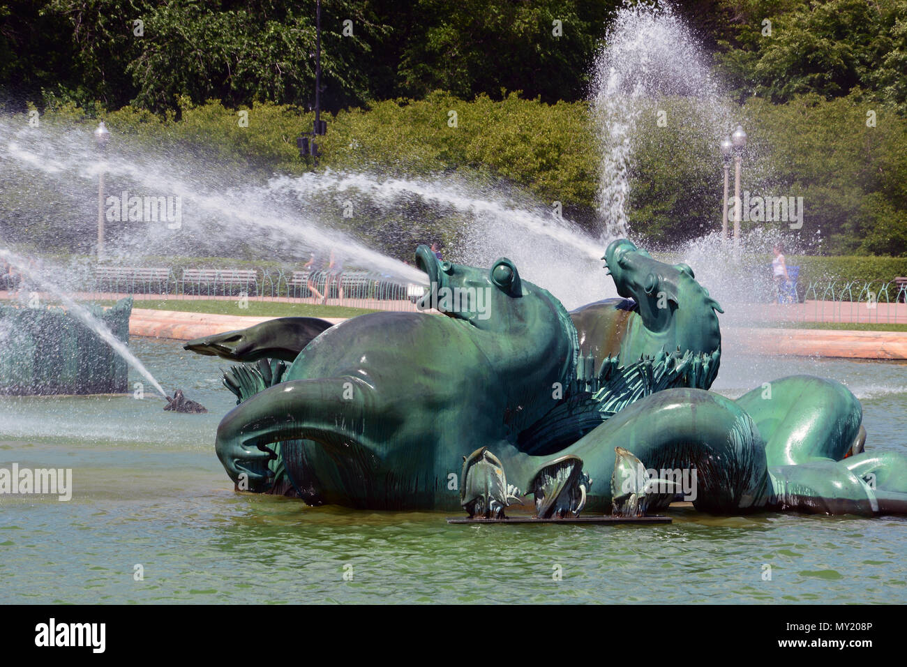 Close up of seahorse sculptures at Buckingham Fountain, the centerpiece to Chicago's South Loop's Grant Park. Stock Photo