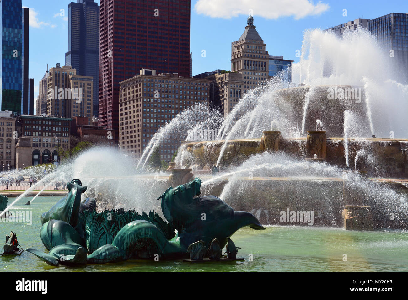 Dedicated in 1927, Buckingham Fountain in Chicago is the centerpiece to the South Loop's Grant Park and iconic symbol of the city. Stock Photo