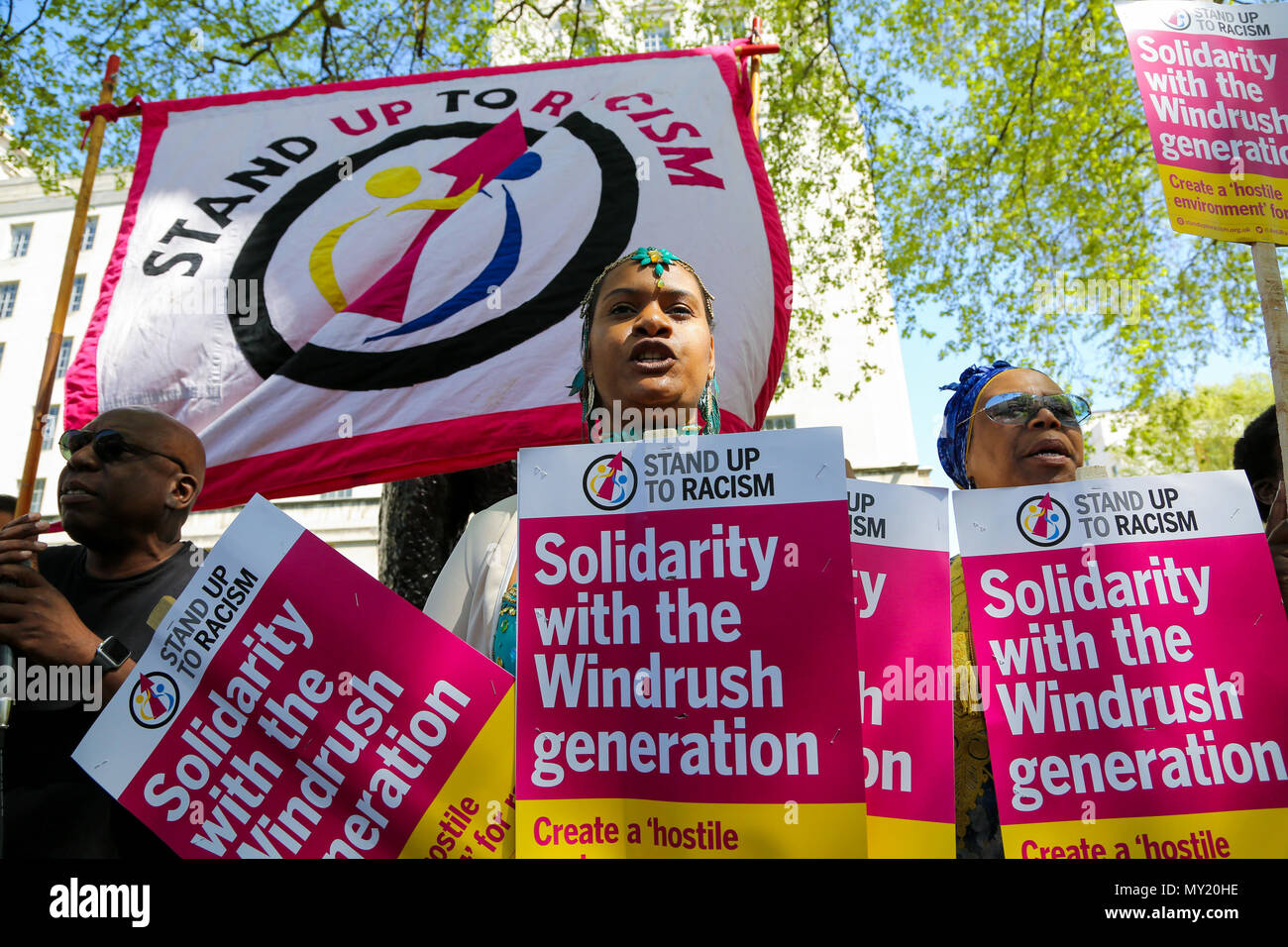 Anti-racism campaigners demonstrates outside Downing Street protesting against the handling of the Windrush Scandal, including a recent vote to release all documents relating to the scandal.  Featuring: Atmosphere, View Where: London, United Kingdom When: 05 May 2018 Credit: Dinendra Haria/WENN Stock Photo