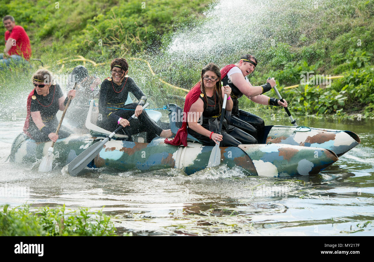 Lowland Games takes place in Thorney, Somerset with Raft racing starting the day  30/07/17 Stock Photo