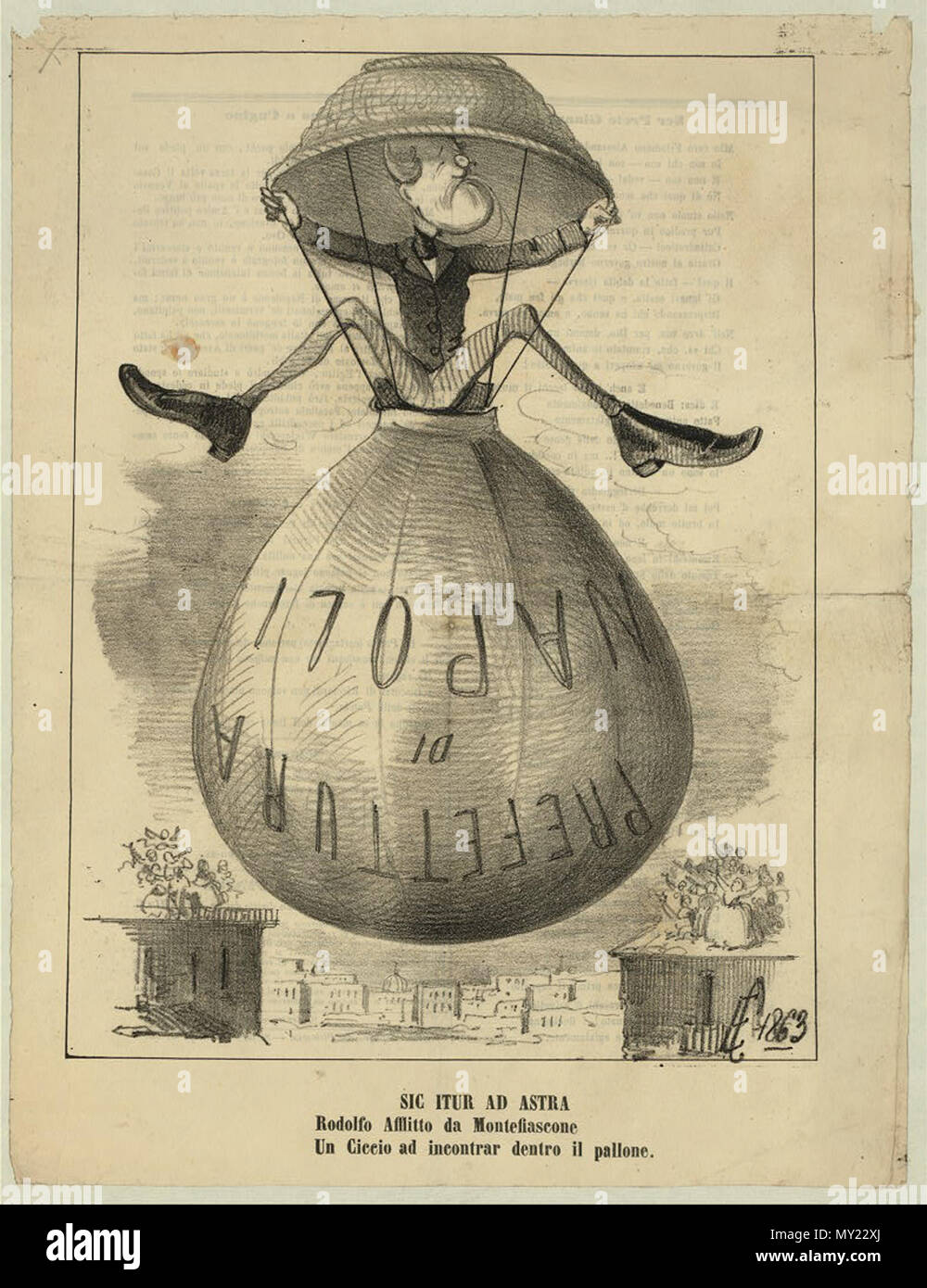 . English: Italian cartoon shows a man sitting on an upside-down balloon labeled 'Prefettura di Napoli,' using the balloon basket as a parachute. 1863. Illus. from an unidentified periodical. [Tissandier collection] 486 Sic itur ad astra. Rodolfo Afflitto da Montefiascone, un ciccio ad incontrar dentro il pallone Stock Photo