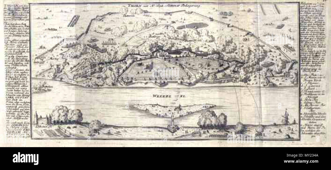 . Thorn mit Anno 1658 erlittener Belagerung [G. Bodenehr] . Rycina pochodzi prawdopodobnie z dzieła "Atlas curieux" G.Bodenehra (Augsburg, ok. 1715).. G.Bodenehr ? 487 Siege of Torun 1658 Stock Photo