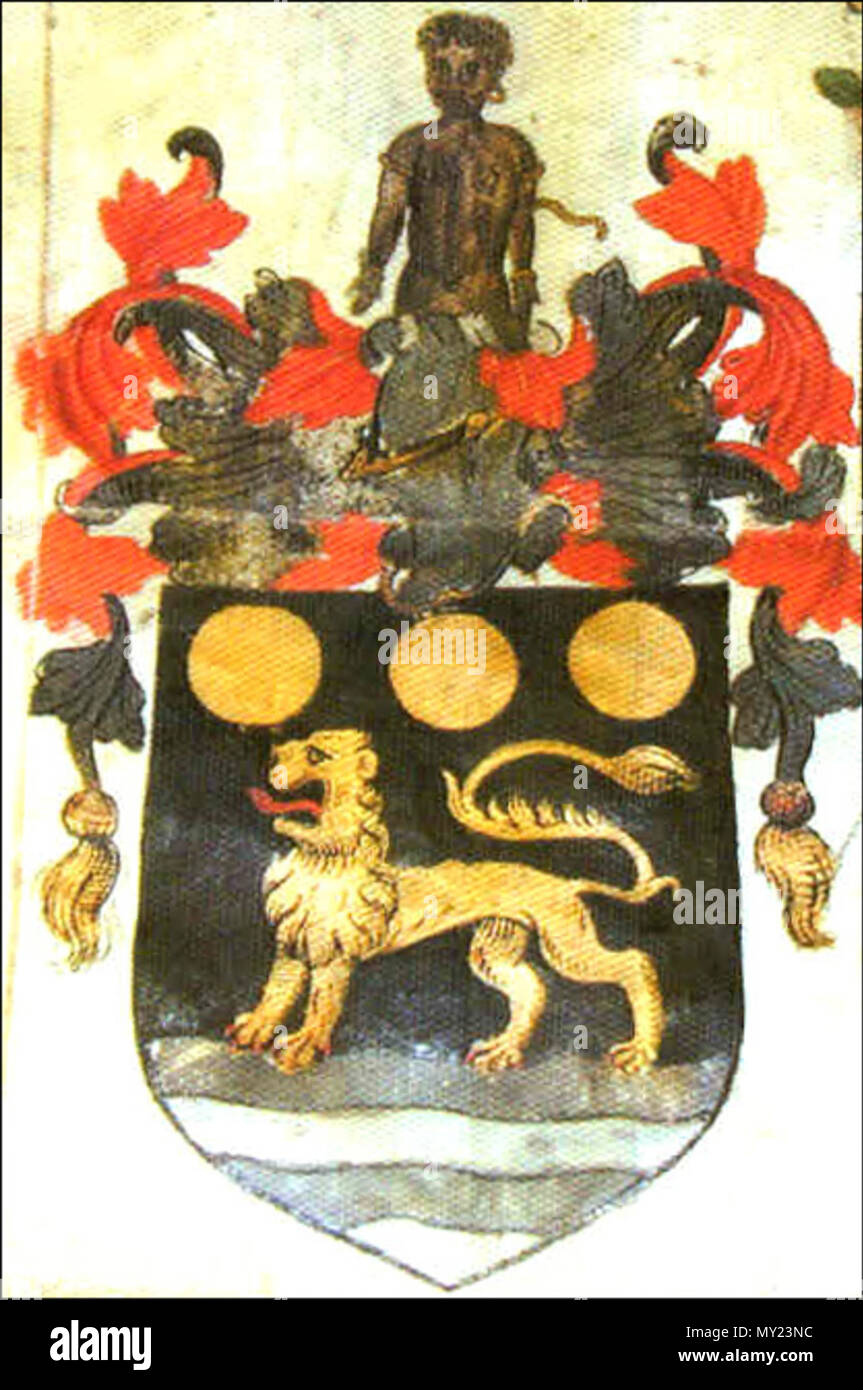 . English: Arms granted to John Hawkins in 1565, for the massive profits he made in the slave trade. Sable on a point wavy, a lion passant or, in chief three bezants, crest, a demi Moor in his proper colour, bound and captive, with annulets in his arms and ears, or. Note the lion in the grant of arms is described as passant, but in the accompanying illustration is statant. 4 January 1565. William Harvey 490 Sir john hawkins early arms colour Stock Photo