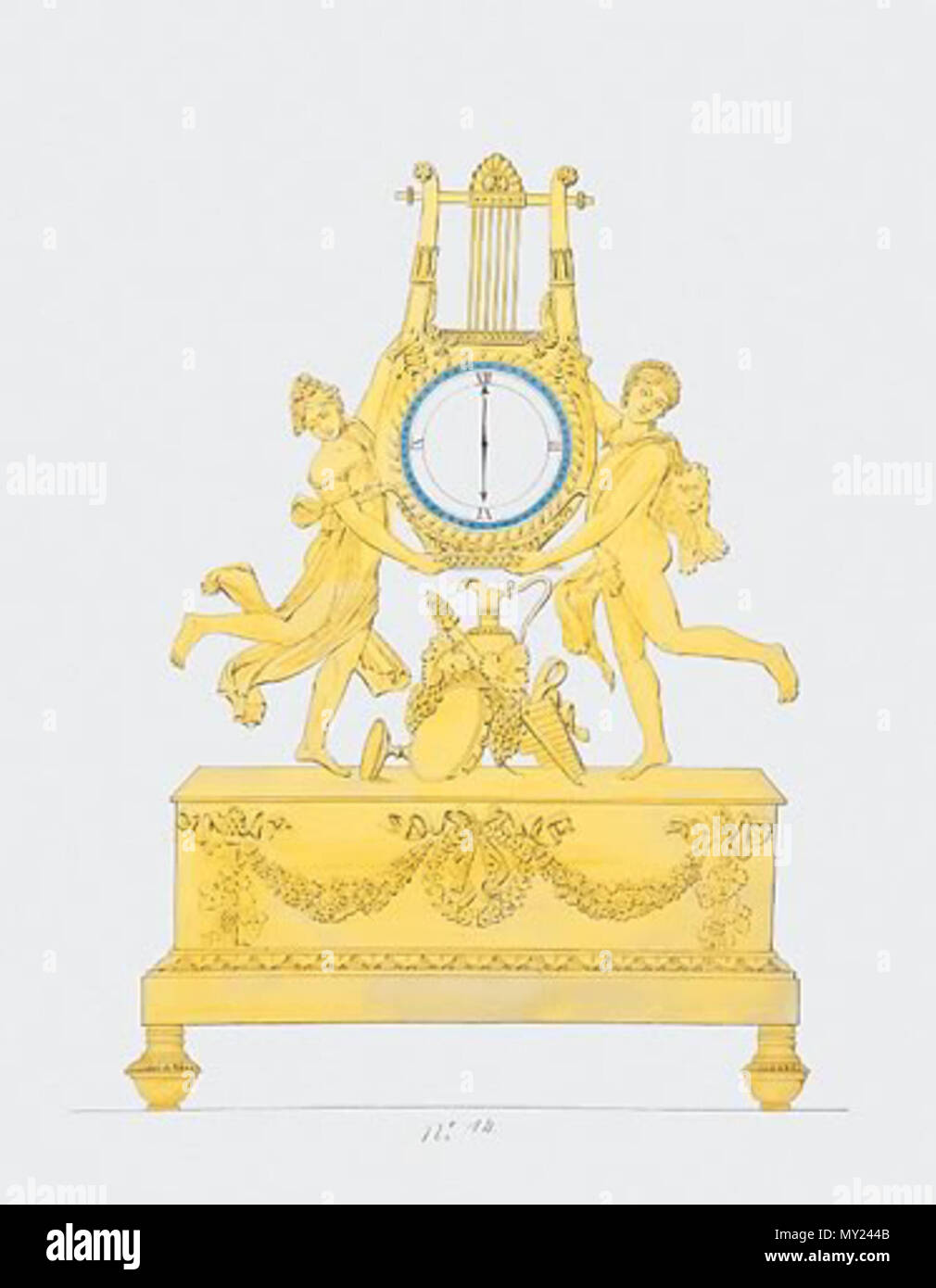. English: Watercolour, gouache and pen and ink, on laid paper. Numbered: 14. Dimensions: 67.4cm. by 50.8cm. To be executed in gilt bronze; enamel dial within blue band. A dancing Bacchus and Bacchante displaying a lyre containing the clock above a Bacchic trophy, the garlanded frieze with thyrsus and double pipe motifs; on toupie (spinning top). This clock initially seems loaded with purely Bacchic imagery, as Satyrs and Bacchantes formed the retinue of Bacchus. Thus the trophy includes a Bacchante’s tambourine, bunches of grapes and a ewer and wine cup for convivial drinking, whereas the fri Stock Photo