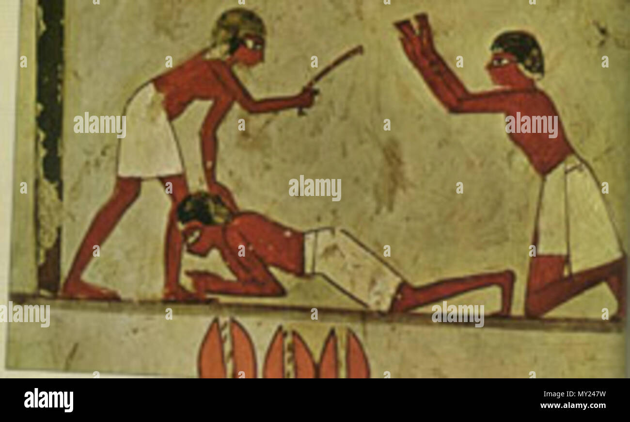 . English: Punishment in Ancient Egypt. Slave (?) beating in Ancient Egypt . Wall painting from 15th century BC Egyptian tomb.. Unknown 493 Slavebeating Stock Photo