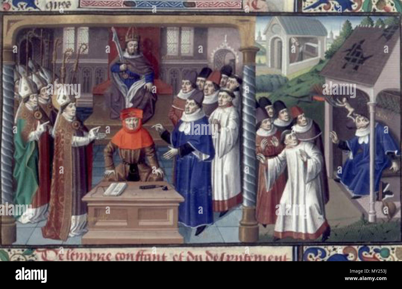 . English: The Council of Nicaea and the death of Arius, in Vincent de Beauvais, Speculum historiale , National Library of France, ms. Français 51, folio 130 . 7 September 2013, 18:12:21. Unknown 497 SpeculumHistorialeDeathOfArius Stock Photo