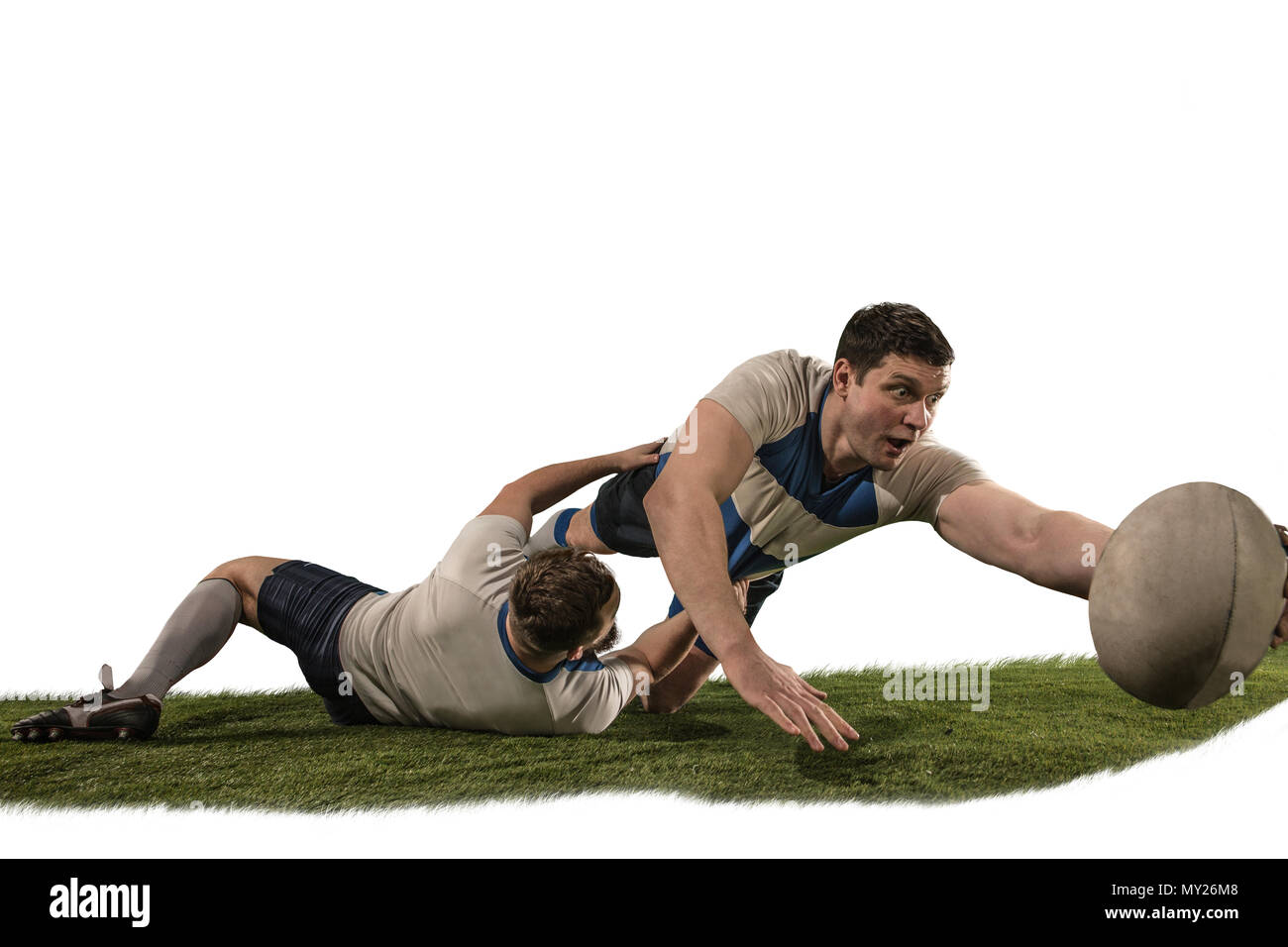 The silhouette of two caucasian rugby man player isolated on white background Stock Photo