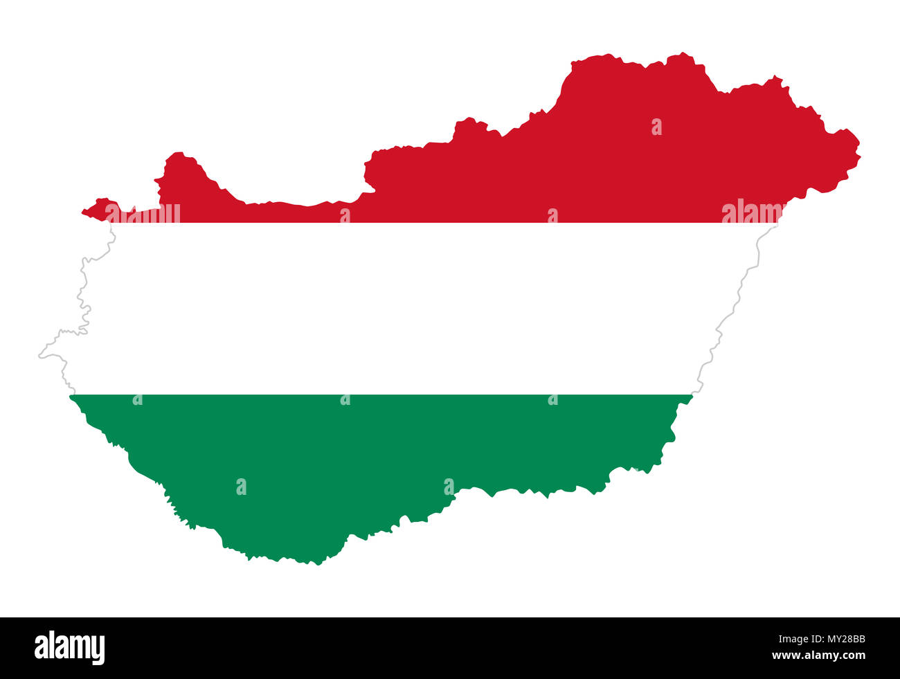 Flag of Hungary in country silhouette. Hungarian tricolour, horizontal red, white and green stripes, in the country outline. State in Central Europe. Stock Photo