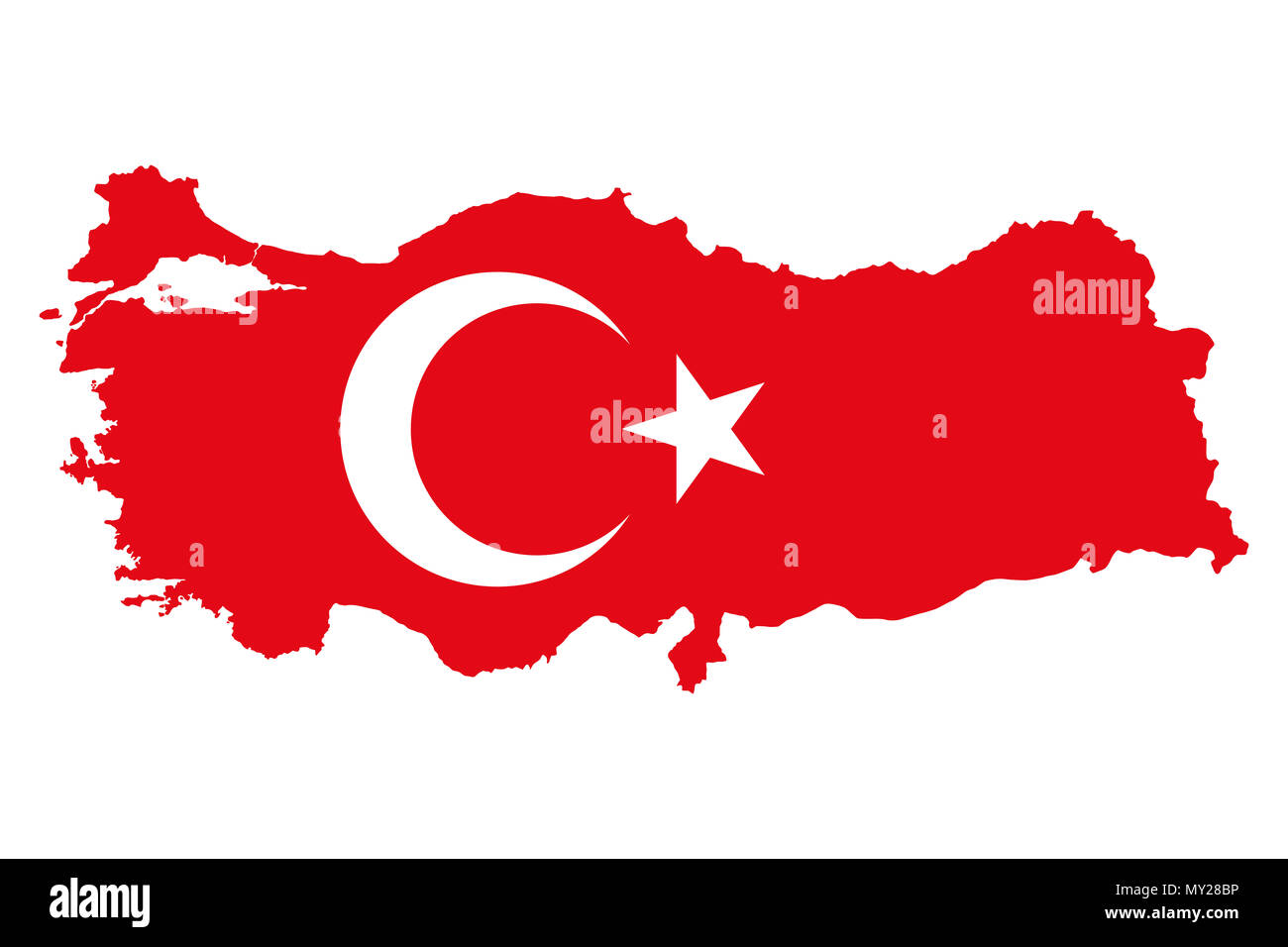 Flag of Turkey in country silhouette. Al bayrak. Red flag with white star and crescent, in the country outline. Transcontinental country in Eurasia. Stock Photo