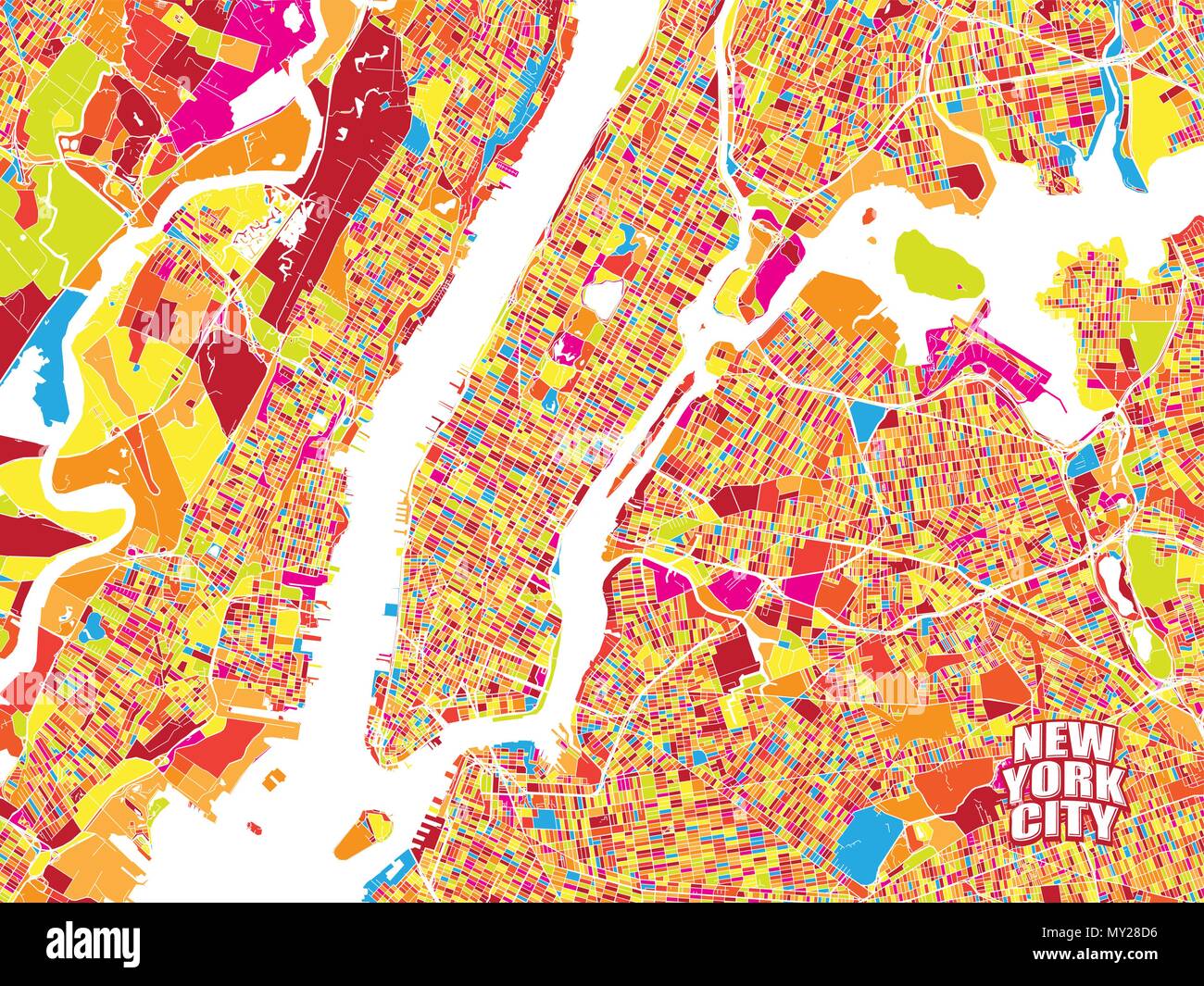 Colorful vector map of New York City. Very detailled version without bridges and names. NYC logo grouped seperatly. Stock Vector