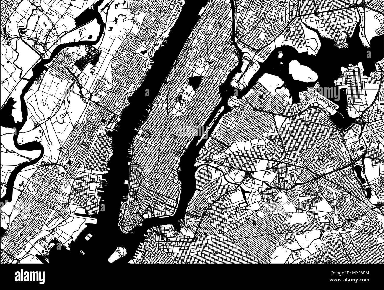 Map of Manhattan with parts of the Bronx, Queens, Brooklyn and Jersey City. Very detailled version without bridges and names. Stock Vector