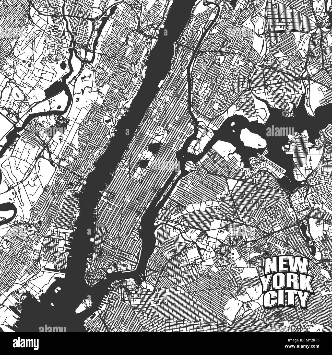 New York City vector map. Very detailled version without bridges and names. NYC logo grouped seperatly. Stock Vector