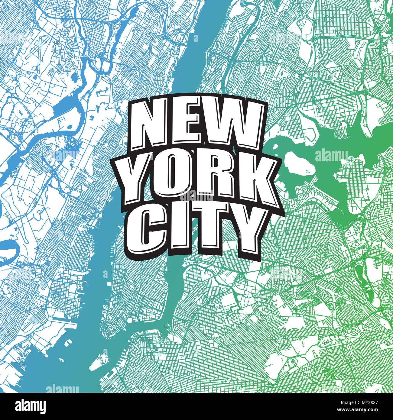 Two-toned map of New York City with Logo. Very detailled map without bridges and names. NYC logo grouped seperatly. Stock Vector