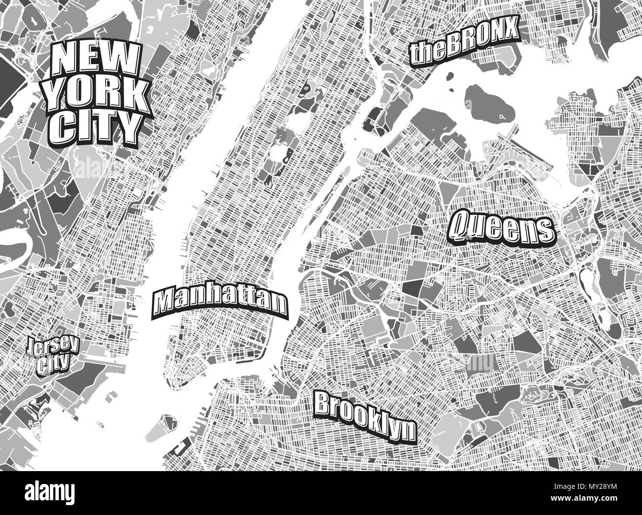 New York City district map. Very detailled version without bridges. Letterings grouped seperatly in vector version. Stock Vector