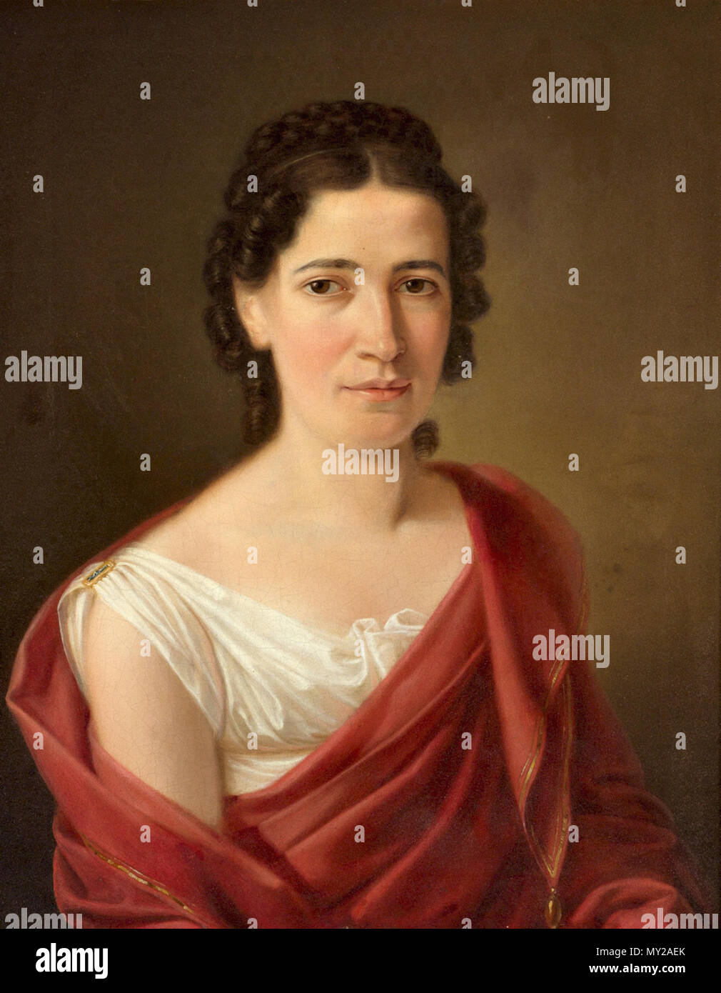 Waldmuller Ferdinand Georg - Schwarzhaarige Frau in Weissem Kleid Und Weinrotem Umhang Stock Photo
