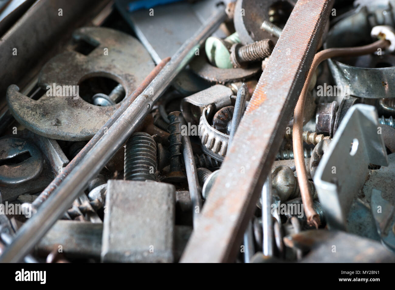 Various metal tools in the garage close up Stock Photo