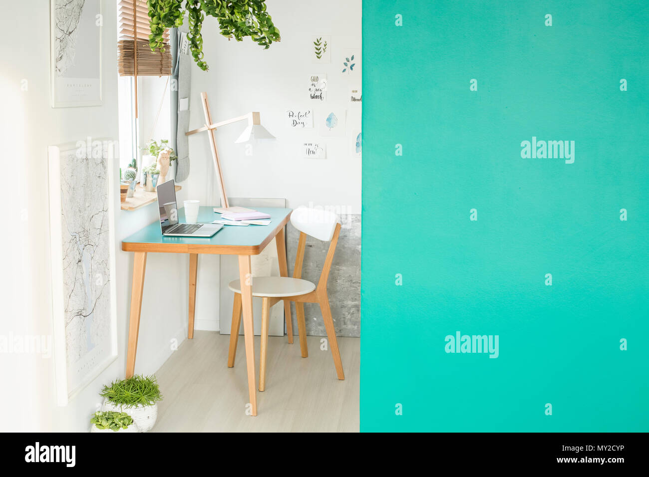 Green empty wall with place for your product in white open space interior  with laptop on a wooden desk, fresh plants and handmade posters hanging on  t Stock Photo - Alamy