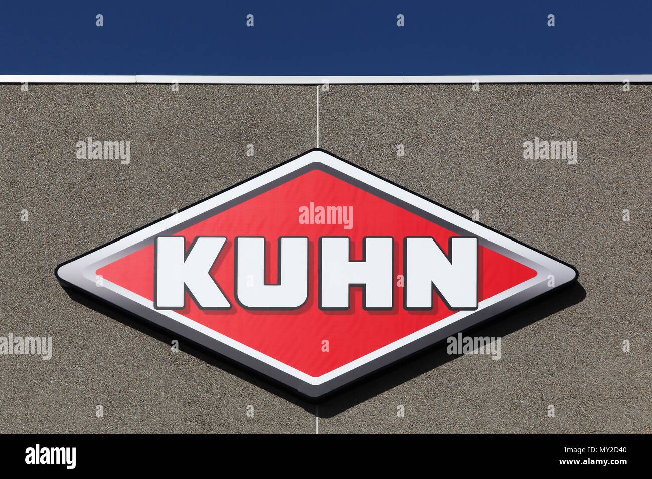 Randers, Denmark - May 5, 2018: Kuhn logo on a wall. Kuhn is a French company, a subsidiary of the Swiss industrial group Bucher Stock Photo