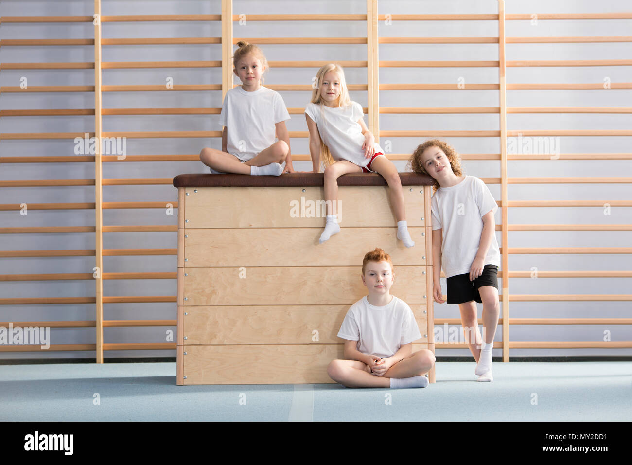 Group of young gymnasts during physical education class at school Stock Photo