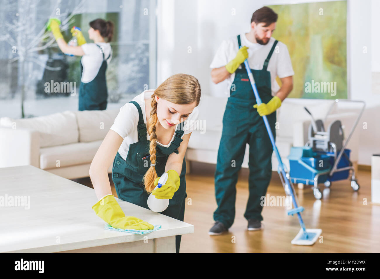 Cleaning service employees with professional equipment cleaning a