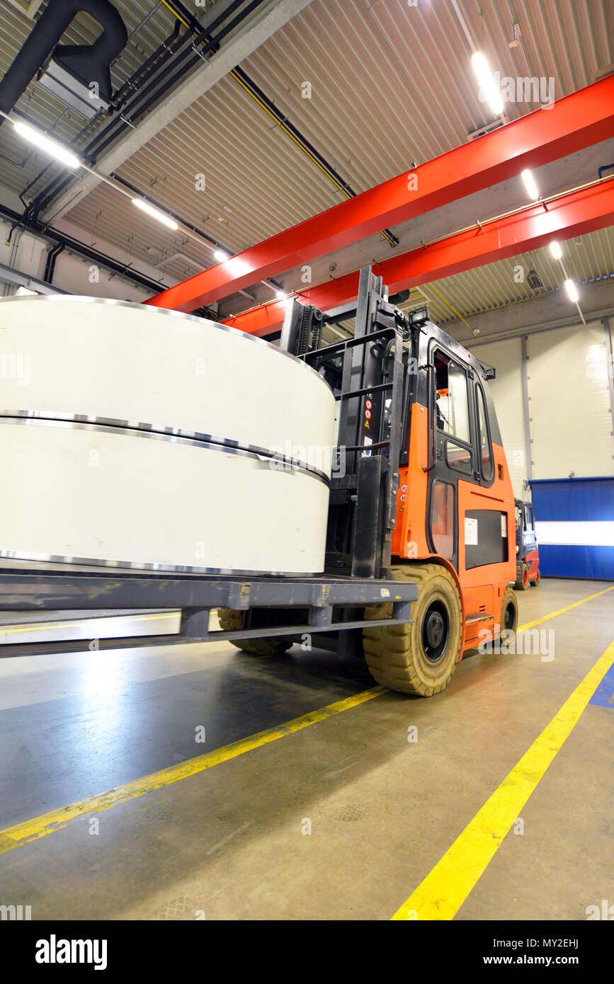 Factory of modern mechanical engineering - production of gearboxes for wind turbines - forklift truck transportation Stock Photo