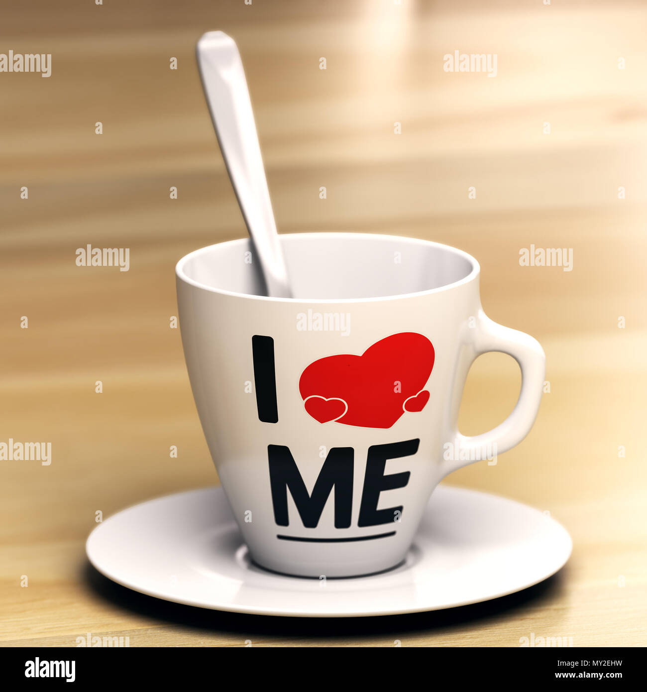 Mug with the phrase i love me on wooden table. Concept of egocentric or self-centredness person. 3D illustration. Stock Photo