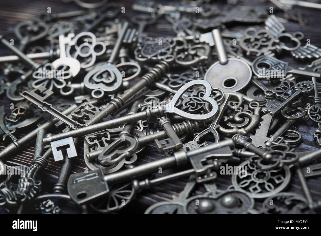 Full frame photo of the various antique keys. Close-up Stock Photo
