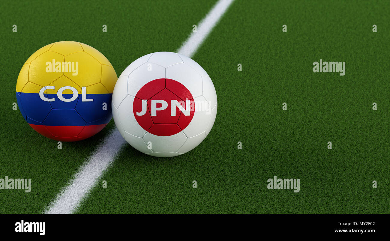 Japan Vs Colombia Soccer Match Soccer Balls In Japans And Colombias National Colors On A Soccer Field Copy Space On The Right Side Stock Photo Alamy