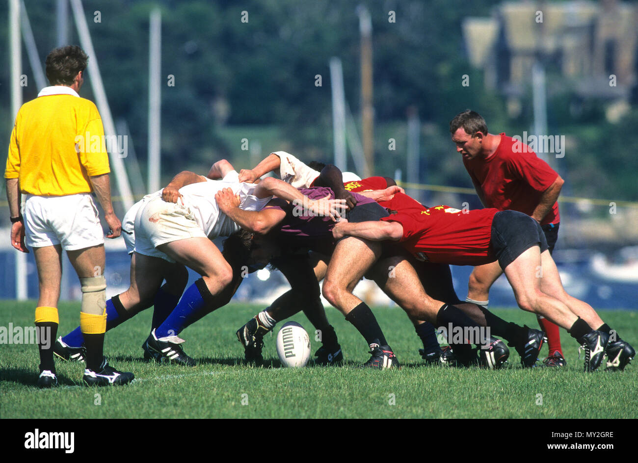 A rugby match underway in Newport, Rhode Island, USA Stock Photo