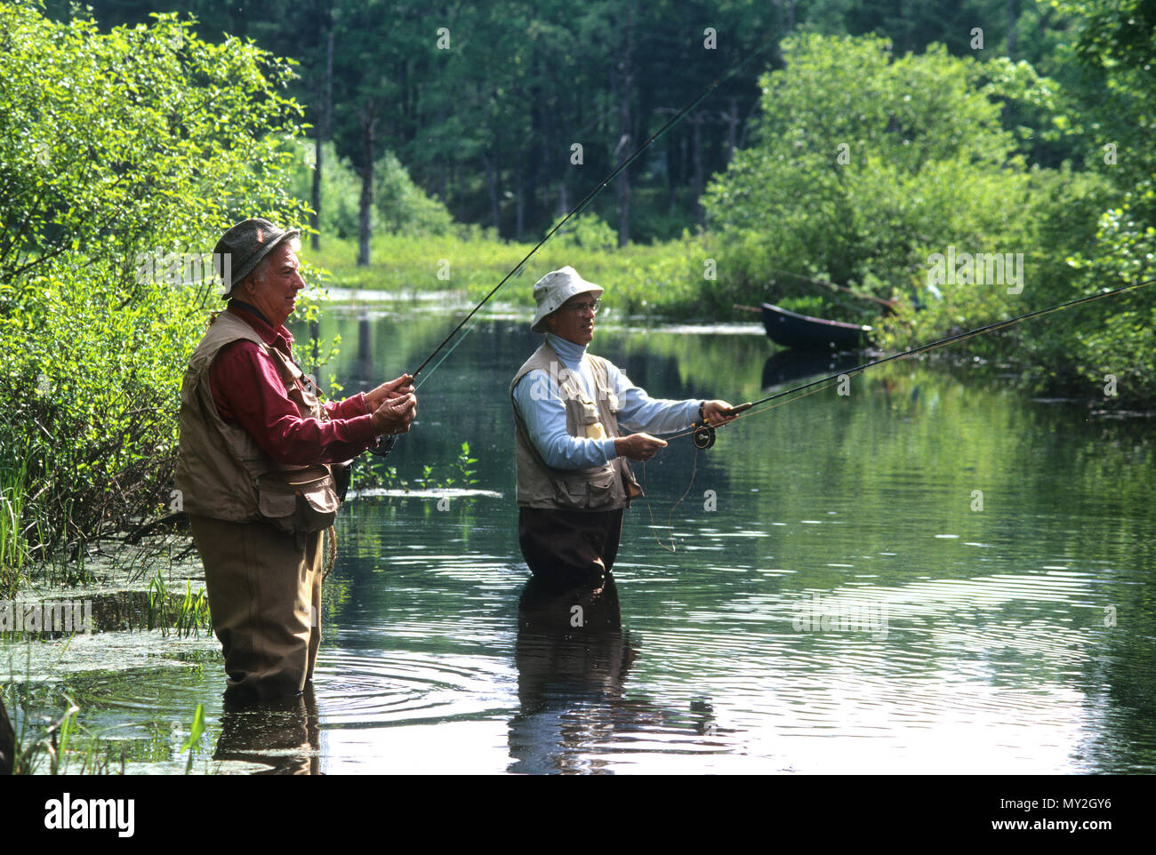 Fly fishing along the Blacstone River in Massachusetts, USA Stock Photo