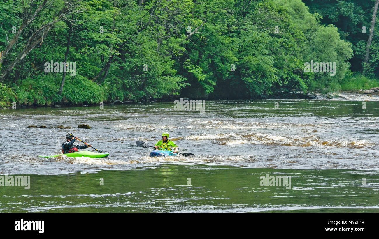 RIVER SPEY TAMDHU SCOTLAND CANOE KAYAK CANOEIST RIVER RAPIDS ONE GREEN KAYAK AND ONE BLUE WITH PEOPLE Stock Photo