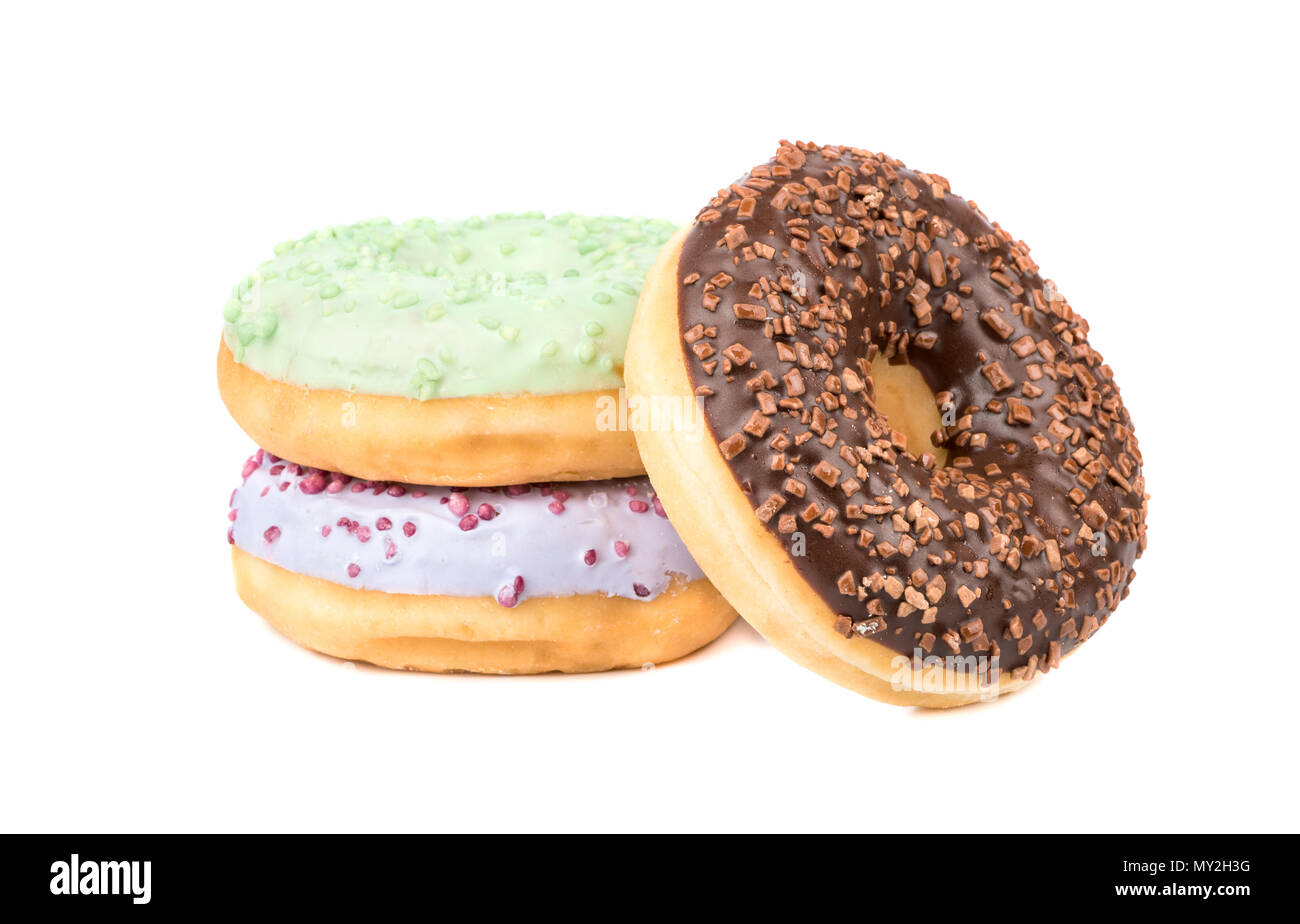 Three donut with multicolored glaze on a white background Stock Photo