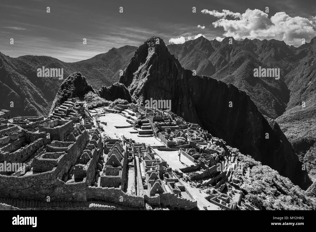 Black and white photograph of the lost city of the Inca, the Machu Picchu, in the sacred Urubamba valley near Cusco, Peru, South America. Stock Photo