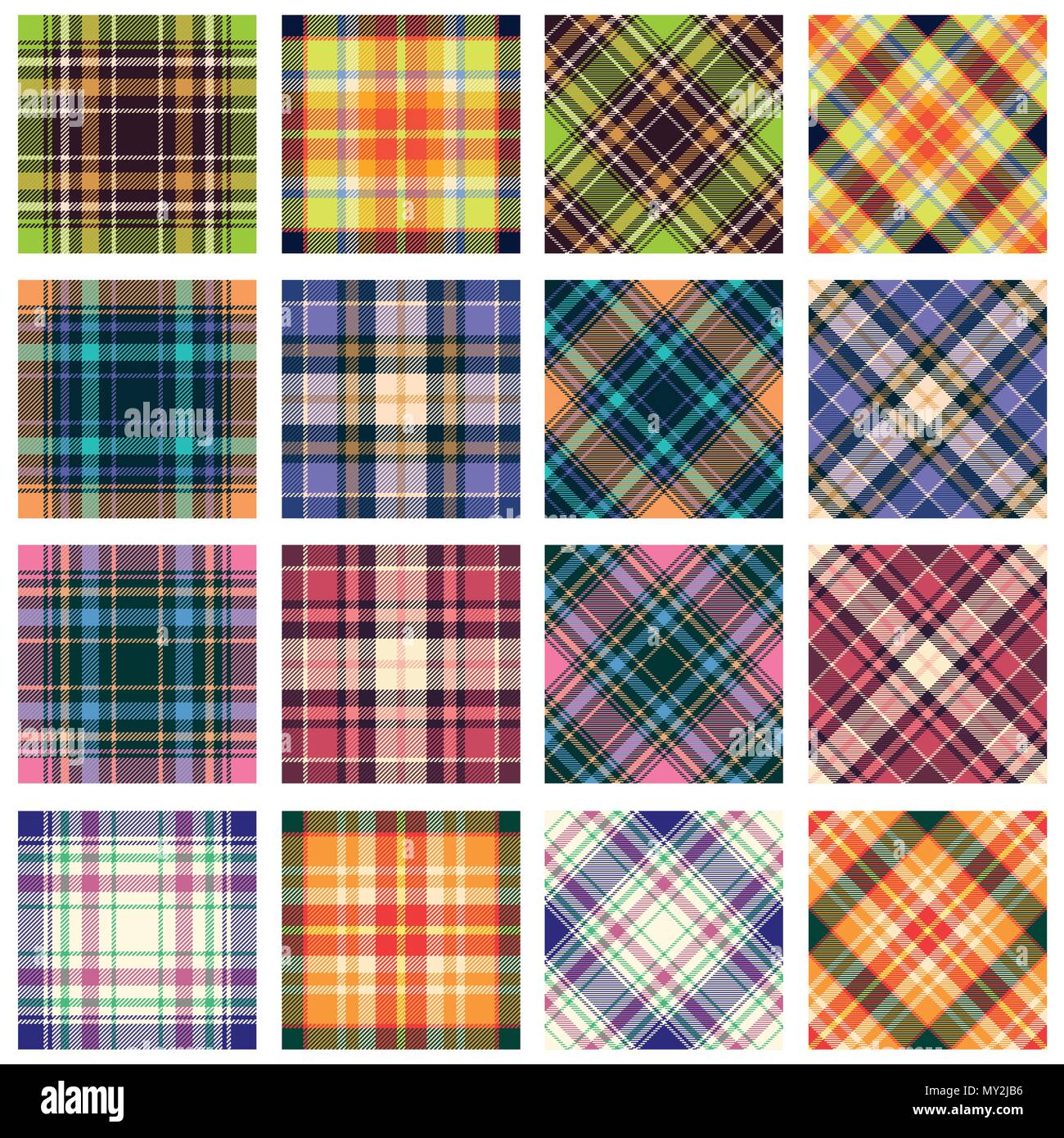 Plaid patterns collection, 16 seamless tartan patterns in various orientation Stock Vector