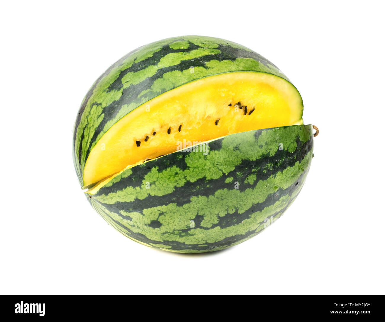 Ripe yellow melon with the cut out piece isolated on white background Stock Photo