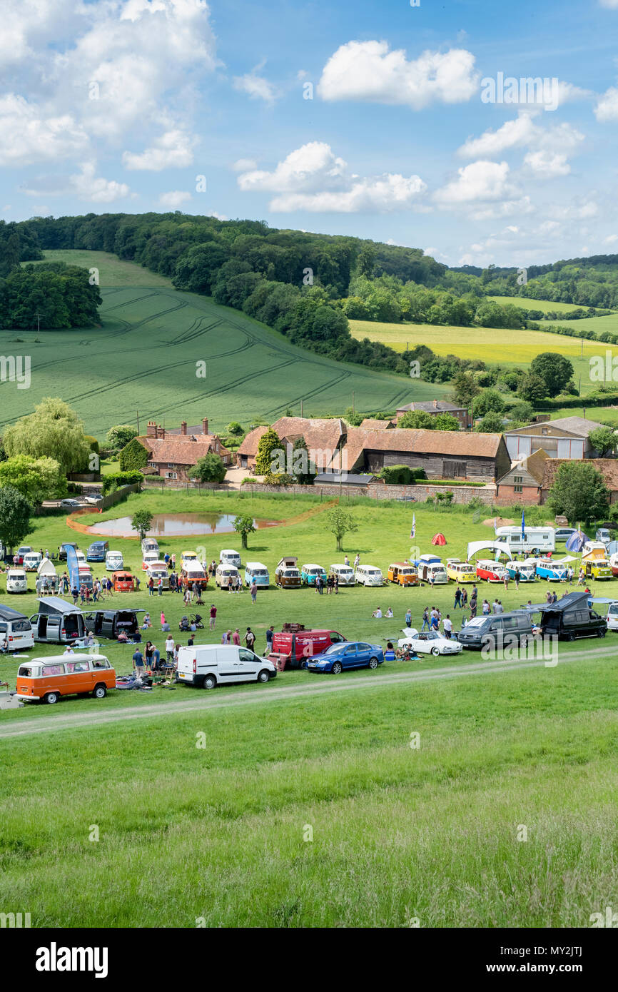 Line of VW Volkswagen camper vans at a VW show. Stonor Park, Oxfordshire, England Stock Photo