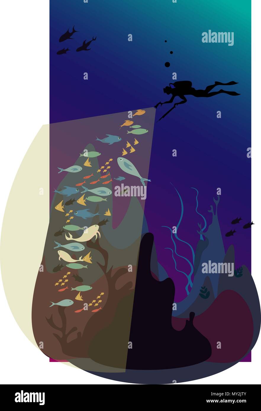 Underwater hunting spearfisher dives under the sea and sees a lot of