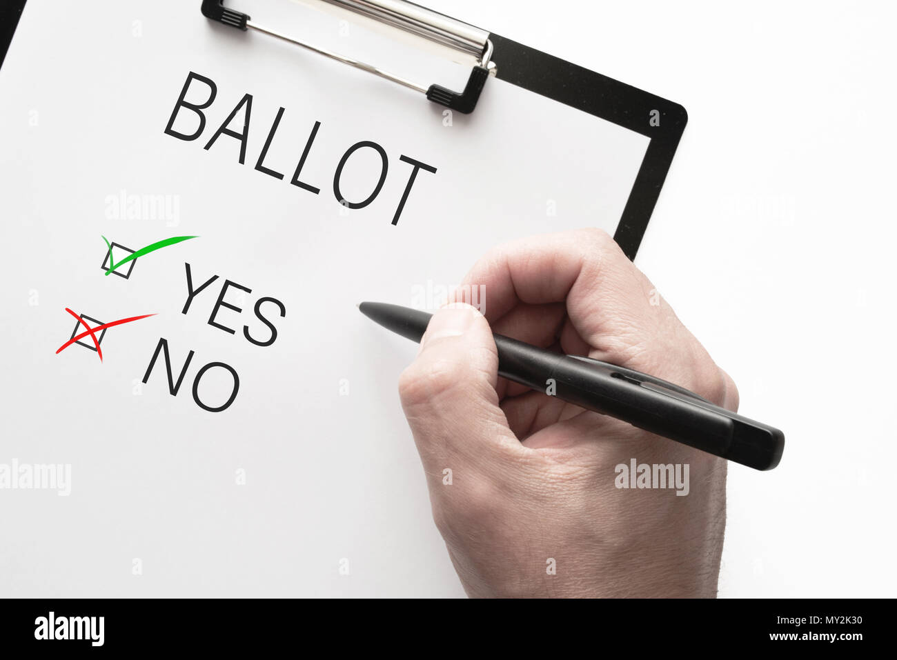 directly above shot of ballot with choice yes or no on clipboard against white background Stock Photo