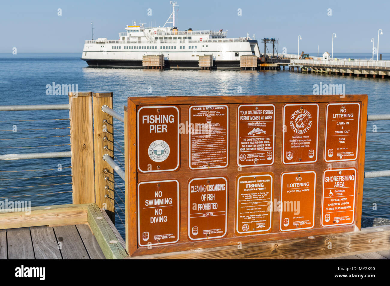 A sign outlines the rules for using the fishing pier in Oak Bluffs