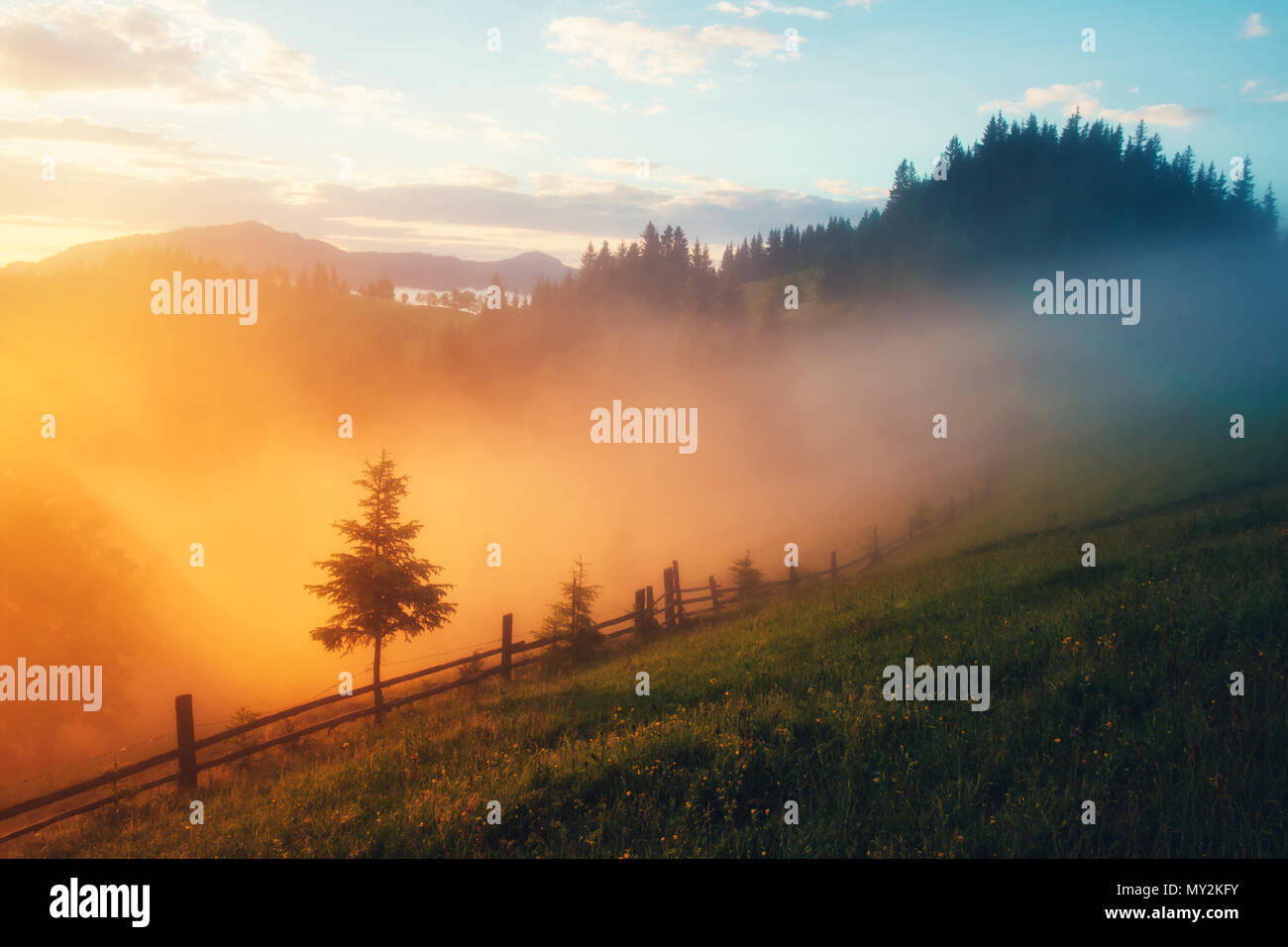 Mountain valley during sunrise Stock Photo