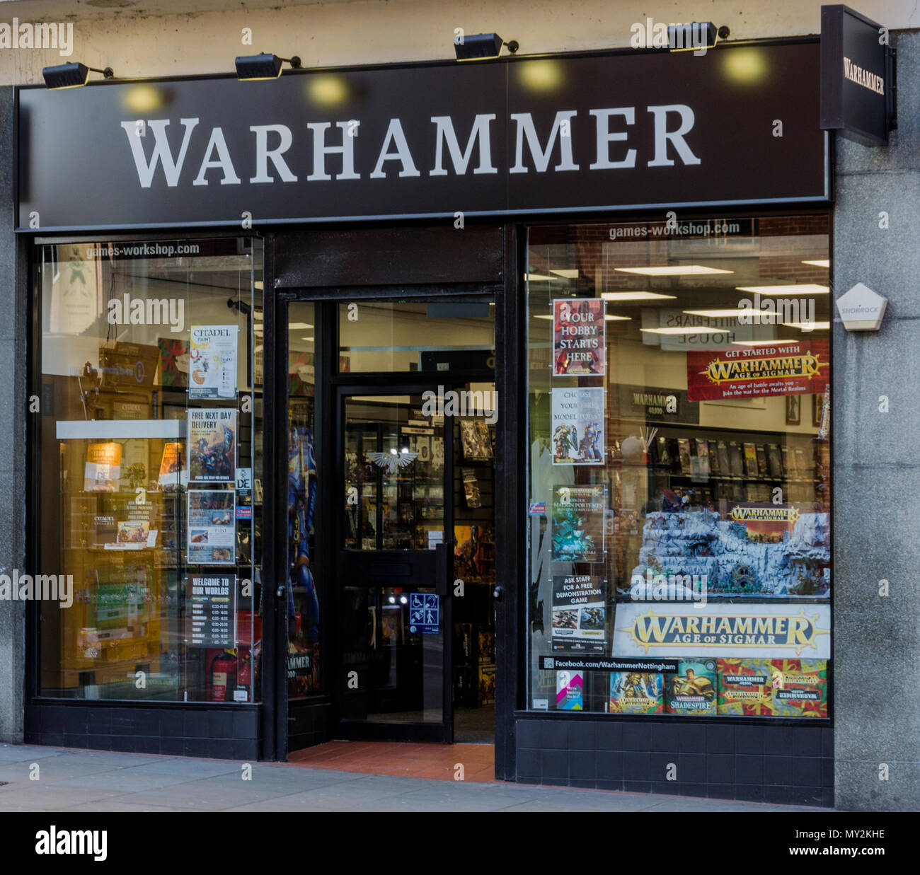 Nottingham, UK: February 7, 2018: The Warhammer Games Workshop store on Friar Lane Nottingham. Warhammer are specialist reatilers of fantasy board gam Stock Photo