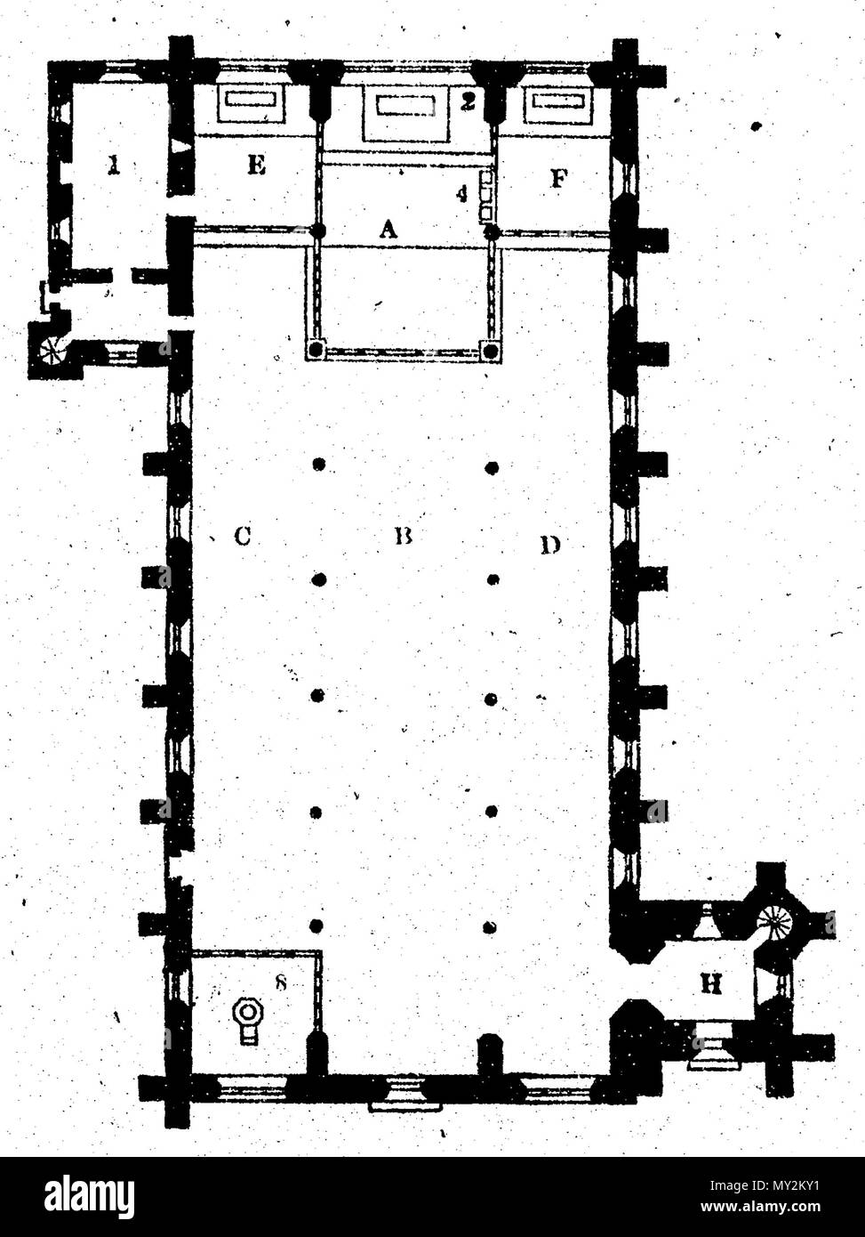 . English: Figure 9 of Suggestions on the Arrangement and Characteristics of Parish Churches. Original description by J. J. McCarthy on p. 17: Figures 8 and 9 show the plans of Churches, consisting of chancel, nave, and aisles: they are those of St. Anne's, Liverpool, and St. Mary's, “Star of the Sea,” Irishtown, near Dublin. A is the chancel; B, the nave; C, north aisle; D, south aisle. E F, figures 8 and 9, are side chapels. 1851. J. J. McCarthy 507 Suggestions on the Arrangement and Characteristics of Parish Churches Figure 09 Stock Photo
